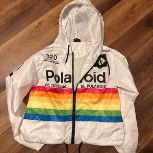 Polaroid Y2K crop hood jacket, vibrant colors and details
